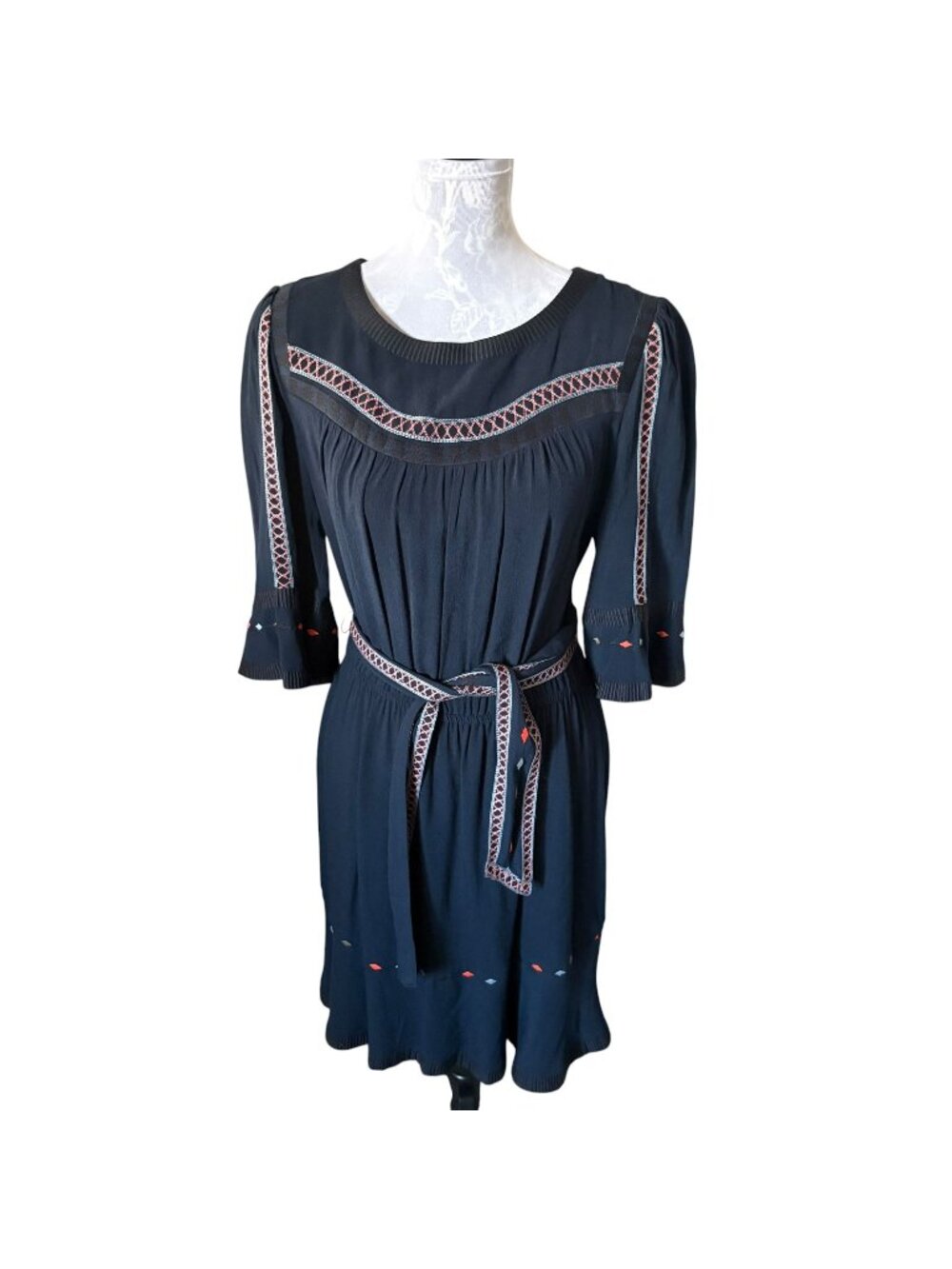 Ba&Sh Plaza Dress Womens 3/4 Sleeve Navy Blue Large Casual